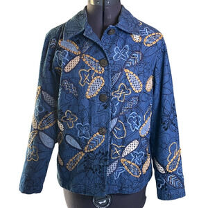 Coldwater Creek Womens PS Floral Blue Denim Embroidered Granny Core Jacket